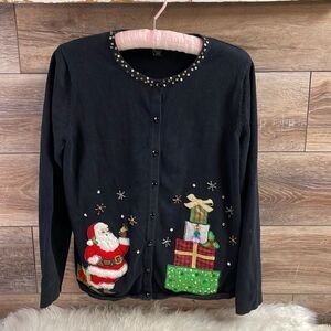 Designers Originals Ugly Christmas Long Sleeve Button Up Sweater, Size M,Black,